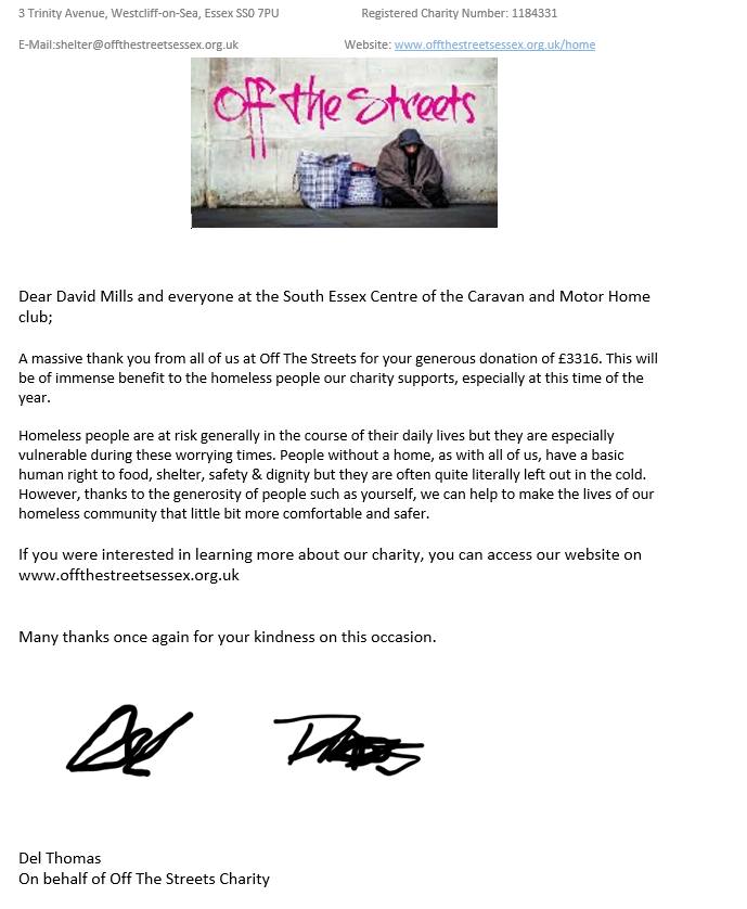 Thank you letter from Off the Streets
